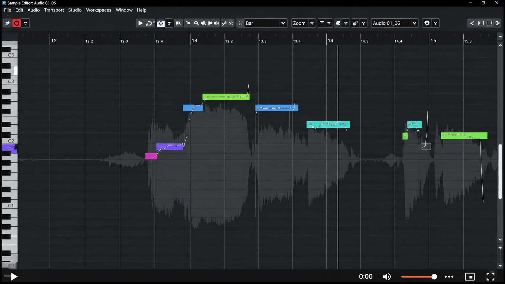 Cubase-ийн VariAudio цонх — хоолойг нот нотоор нь засаж буй байдал